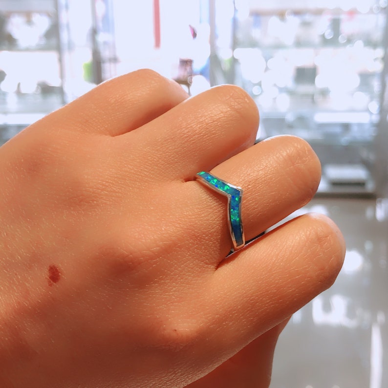 Blue Opal Ring silver opal ring fire opal October birthstone ring Sterling silver ring silver wish bone Ring