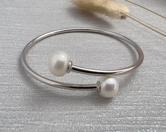 Art Deco Sterling Silver Cultured Freshwater Pearl Bangle, White Gold Plated silver bracelet,  Genuine Pearl jewellery, June Birthstone gift