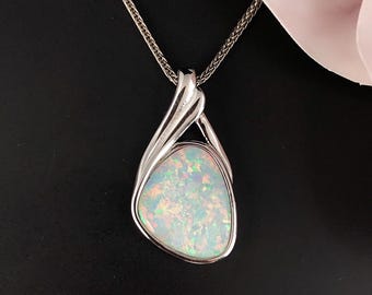 White Fire Opal Necklace, October Birthstone Pendant, Silver Gemstone Pendant, White Opal Cabochon, Natural Opal Jewellery, Opal Gift