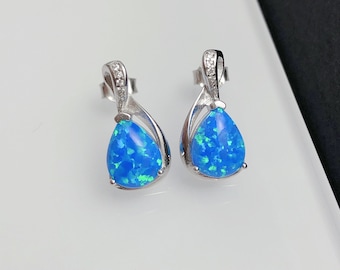 RACHEL Blue Opal Earrings, October Birthstone Earrings, Sterling Silver Earrings, Blue Opal Cabochon, Opal Jewelry, Designer earrings, Gift