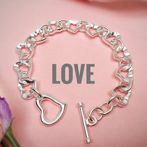 LOVE HEART bracelet, solid sterling silver heart jewellery, chunky silver bracelet, silver bangle, Women’s bracelet, heart link bracelet