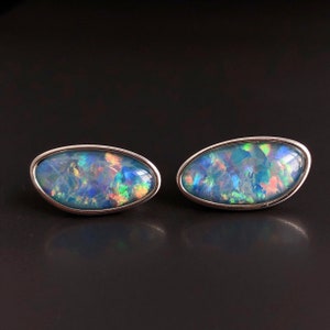10 - Australian Black Opal Silver Earrings, October Birthstone, Real Opal Stud Earrings, genuine Opal natural Opal Cabochon Opal Earrings