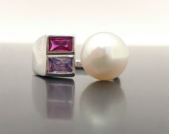 Ruby, Amethyst & Pearl Sterling Silver Ring, White Gold Plated