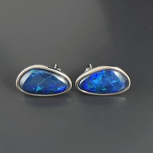 Genuine Australian Black Opal Silver Earrings, October Birthstone, Real Opal Stud Earrings, genuine Opal natural Opal Cabochon Opal Earrings