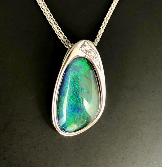 Real Australian Black Opal Necklace Sterling Silver, Blue Green