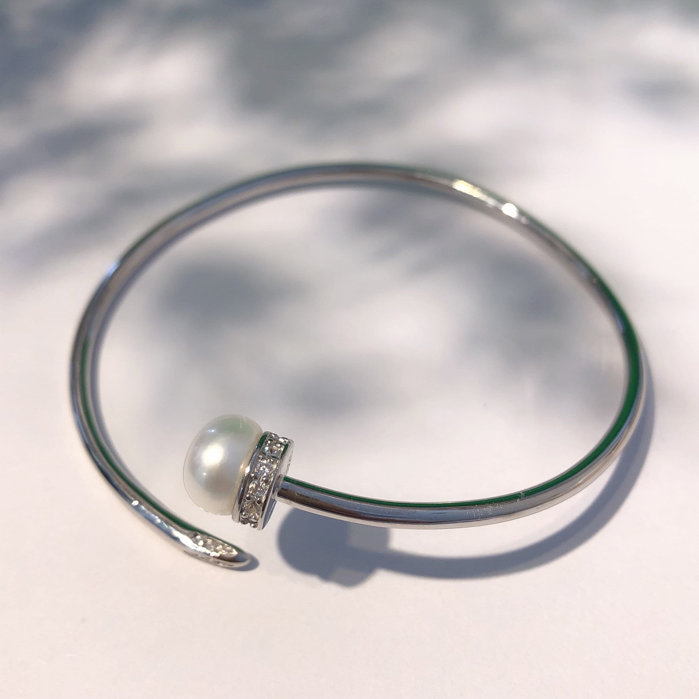 Sterling Silver Cultured Freshwater Pearl Bangle, White Gold Plated silver bracelet,  Genuine Pearl jewellery, June Birthstone gift