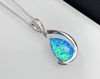 RACHEL Blue Opal Necklace, October Birthstone Pendant, Sterling Silver pendant, Blue Opal Cabochon, Opal Jewelry, Anniversary Gift