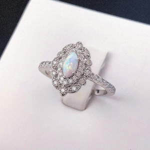 Vintage Fire Opal Ring, White Opal Cabochon Ring with diamond stimulants, Promise Ring, Anniversary Gift, Engagement Ring, Silver Ring
