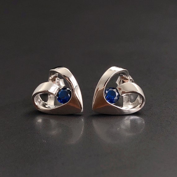 HEART Sapphire Earrings, Sterling Silver Heart Earrings, September Birthstone, Stud Earrings, birthday, Christmas, Wedding, Anniversary gift