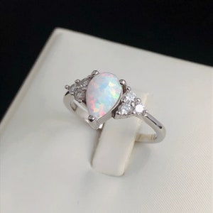 Vintage Fire Opal Ring, White Opal Cabochon Ring with diamond stimulants, Promise Ring, Anniversary Gift, Engagement Ring, Silver Ring