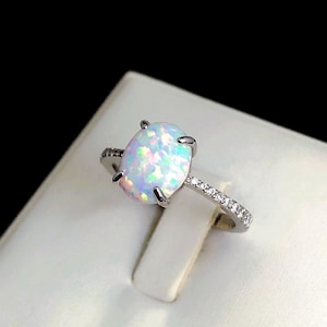 White Opal Sterling Silver Ring, Fire Opal Ring with Diamond Simulants, Engagement Ring, October Birthstone Ring, White Opal Ring