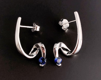 May include: A pair of silver earrings with a twisted design and a small blue gemstone in the center of each earring.