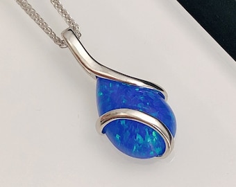 Cabochon Blue Opal Necklace, Sterling Silver Pendant, October Birthstone