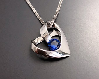 HEART Sapphire Necklace, Sterling Silver Pendant, Gemstone Necklace, September Birthstone, Heart Jewellery, Birthday, Anniversary Gift