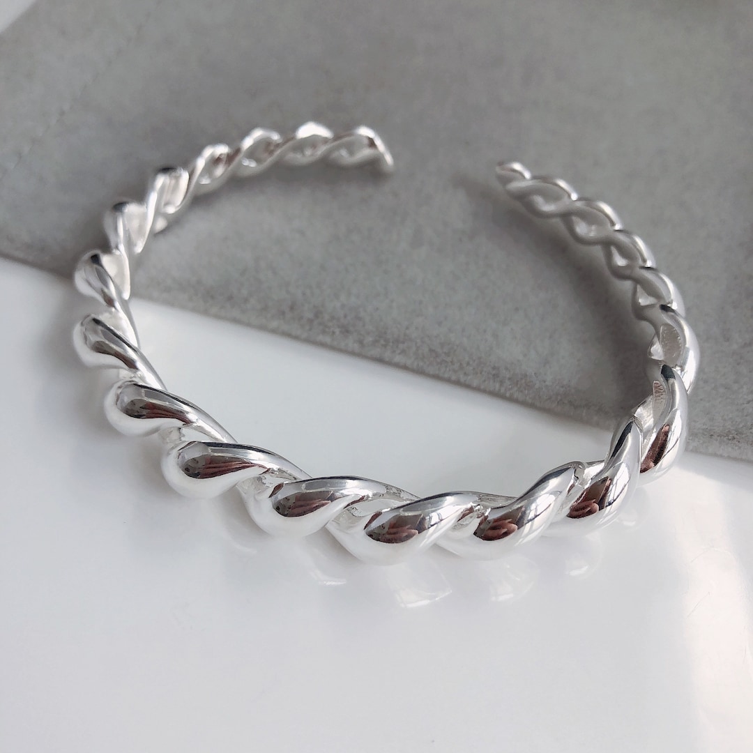 Twist Bangle, Solid Sterling Silver Bracelet Cuff Bangle, Chunky