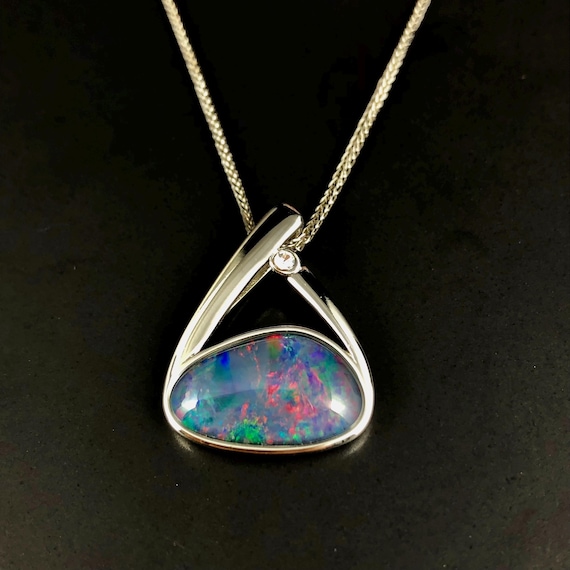 Solid Sterling Silver Black Opal Necklace, Rhodium Plated Anti