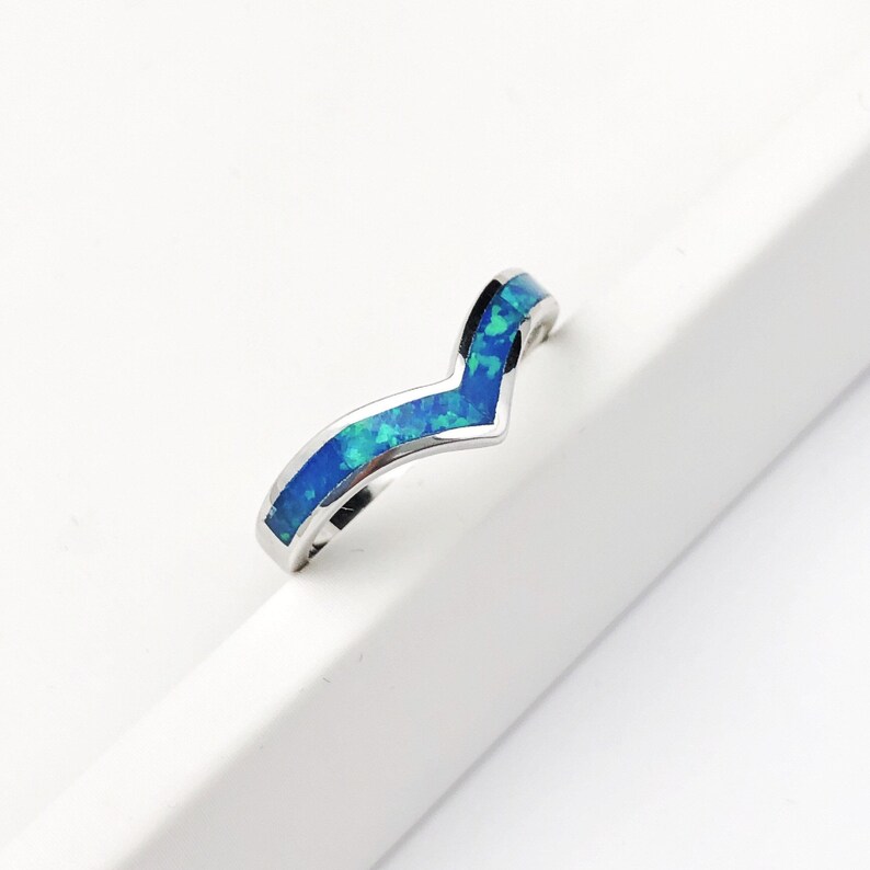 Blue Opal Ring silver opal ring fire opal October birthstone ring Sterling silver ring silver wish bone Ring
