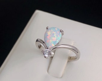 Pear Shape White Opal Sterling Silver Ring, Genuine Fire Opal Ring, Authentic Opal Engagement Ring, October Birthstone Ring, Real Opal Ring