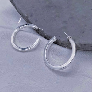 May include: A pair of silver hoop earrings. The earrings are simple and elegant, with a smooth, polished finish.