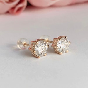 6 Prong Moissanite Diamond Gold Earrings, High Quality Certified Moissanite Stud Earrings, Yellow, White Gold, Wedding, Anniversary gift