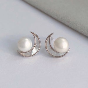 Moon Freshwater Pearl Stud Earrings, Natural High Quailty Cultured Freshwater Pearl, Modern Minimalist Design Gift,m, Silver Earrings