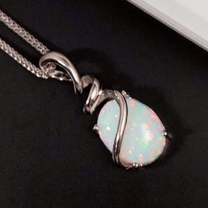 BELLE Fire Opal Necklace, October Birthstone Pendant, Sterling Silver Pendant, White Opal Cabochon, Opal Jewelry, Anniversary Gift