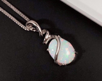 BELLE Fire Opal Necklace, October Birthstone Pendant, Sterling Silver Pendant, White Opal Cabochon, Opal Jewelry, Anniversary Gift
