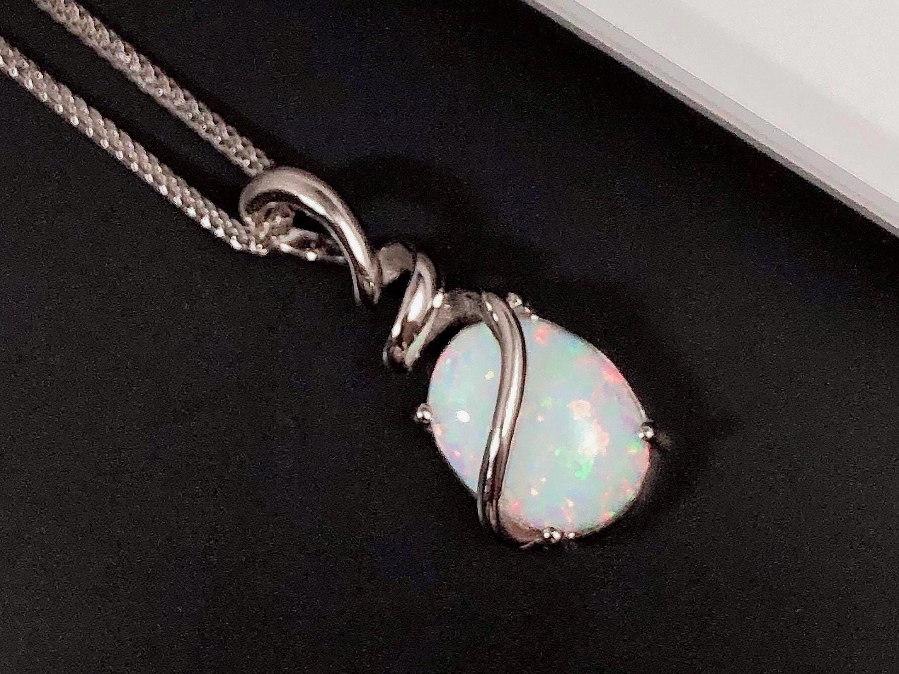 BELLE Fire Opal Necklace, October Birthstone Pendant, Sterling Silver Pendant, White Opal Cabochon, Opal Jewelry, Anniversary Gift