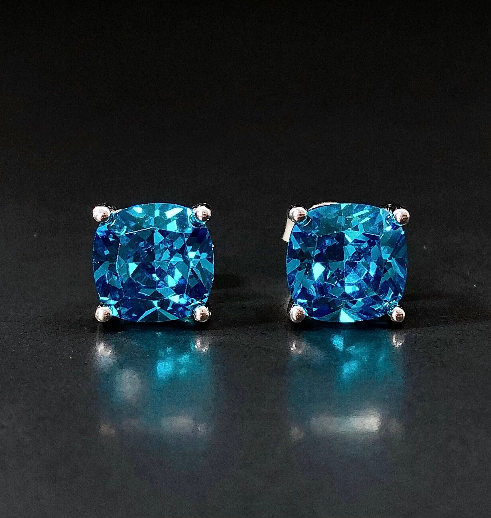 Blue Topaz Cushion 7*7mm Stud Earrings, Sterling Silver Gemstone Earrings, Blue Birthstone Gift, Gemstone Jewellery