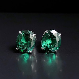 Green Emerald Oval Stud Earrings, Sterling Silver Gemstone Earrings, May Birthstone Gift, Gemstone Jewellery, Emerald Anniversary Gift