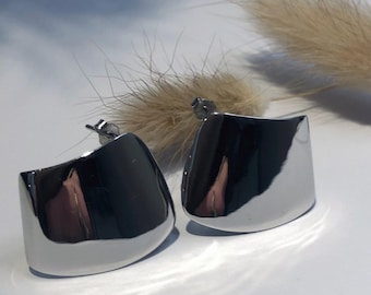 May include: A pair of shiny, silver-colored stud earrings. Each earring has a curved, rectangular shape with a polished, reflective surface. The earrings are set against a white background with a blurred, feathery accent.