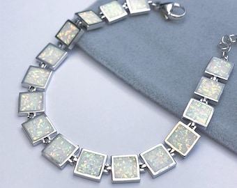 Fire Opal Solid Sterling Silver Bracelet, Fire Opal Bracelet- Opal Jewellery - Square Silver Bracelet- Gemstone Bracelet