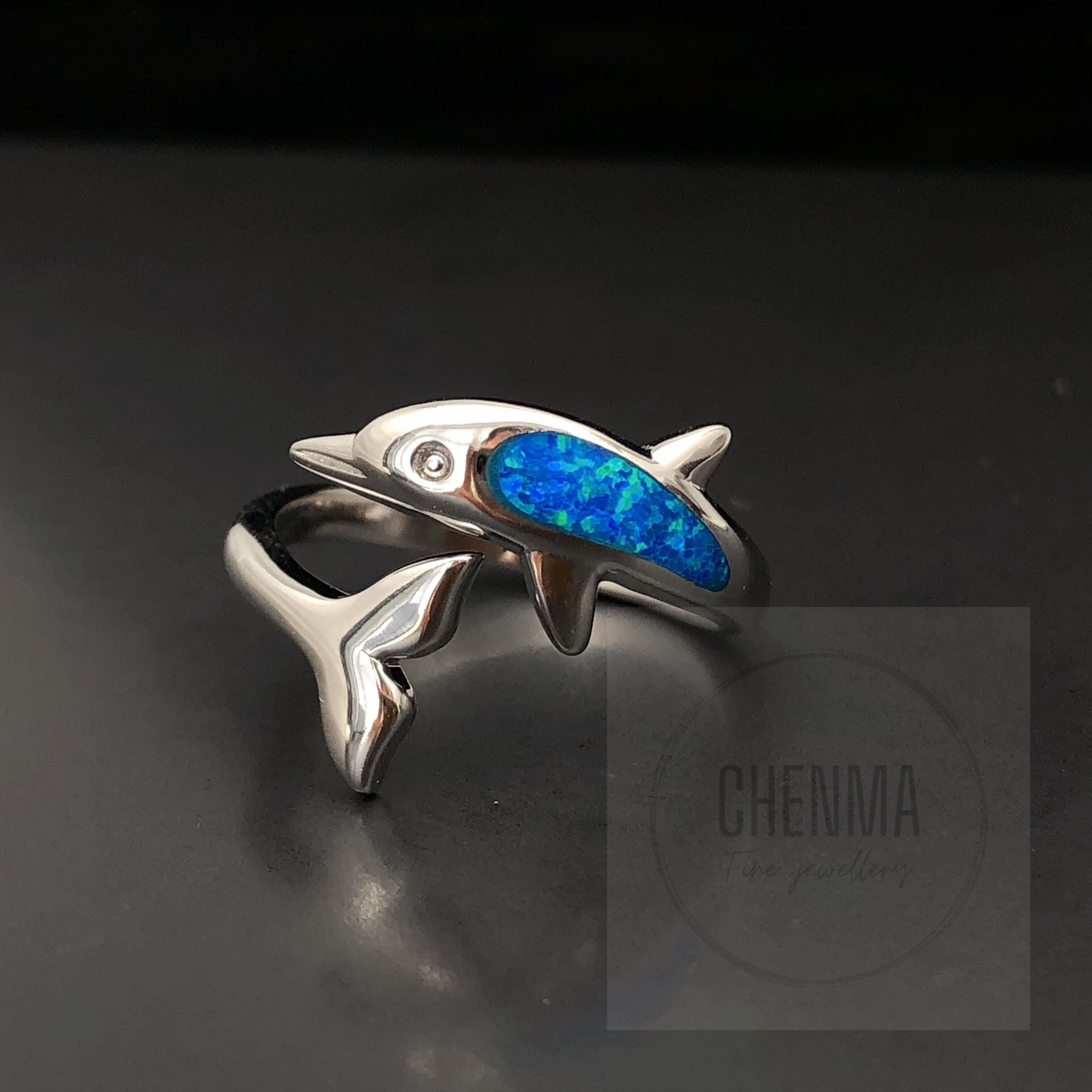 Blue Opal Dolphin Ring Sterling Silver Necklace , Opal Inlay 