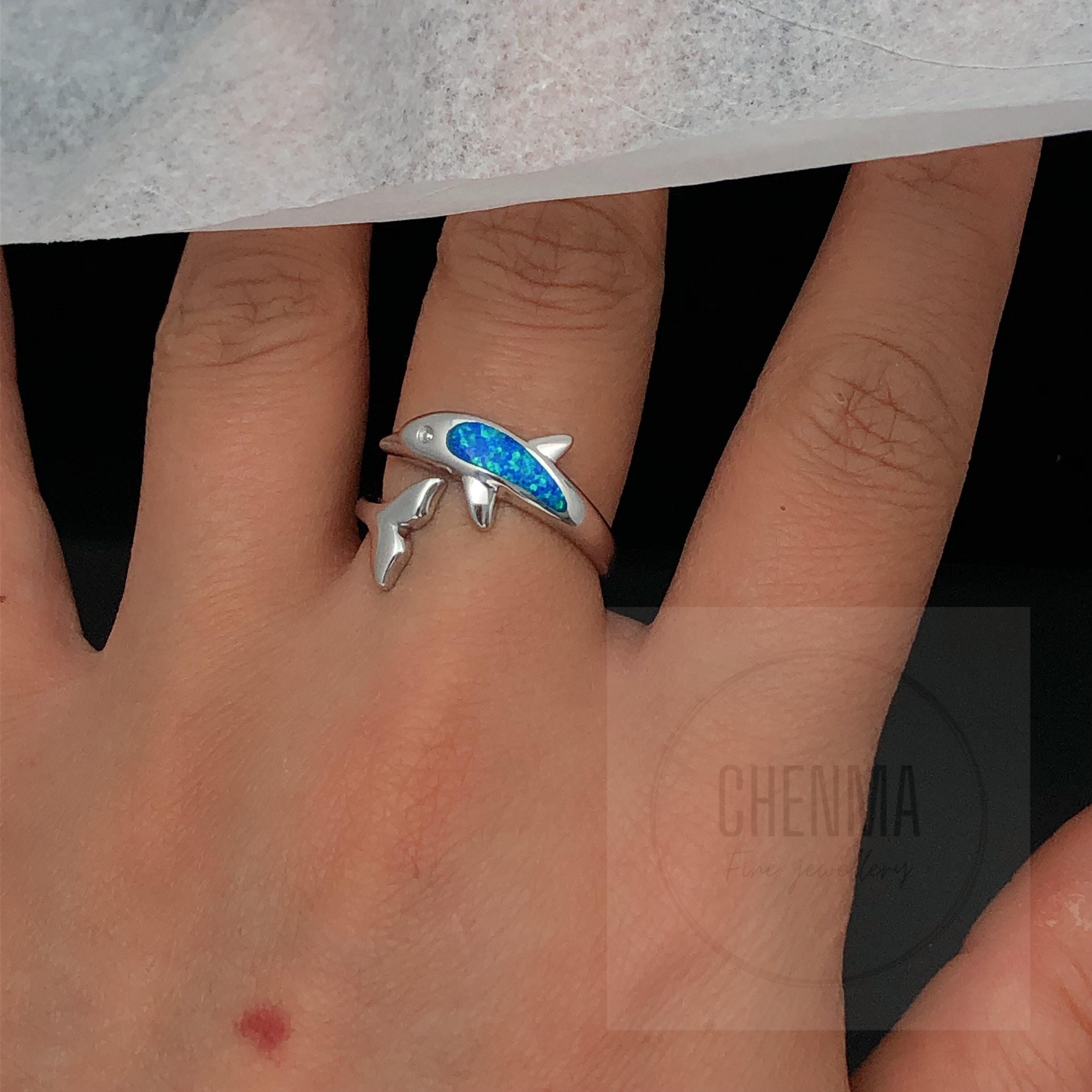 Blue Opal Dolphin Ring Sterling Silver Necklace , Opal Inlay