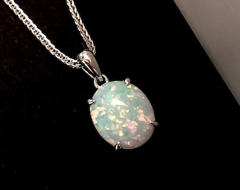 Oval Fire Opal Necklace, October Birthstone necklace, sterling silver  minimalist jewellery, natural white Opal Jewelry, Anniversary Gift