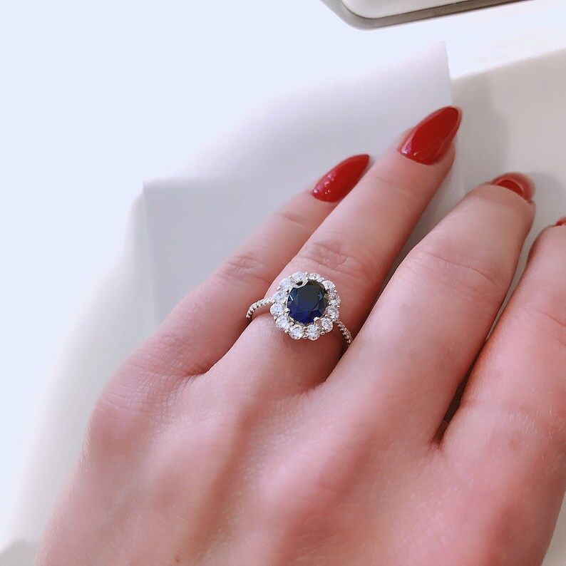 VICTORIA Blue Sapphire Engagement Ring, Silver engagement ring, Gold sapphire ring, Halo Engagement Ring, Promise Ring, Gold Engagement Ring image 2