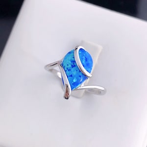 ARIA Blue Opal Cabochon Ring, Sterling Silver natural Opal ring, Engagement Ring, Solitaire, Wedding Ring, Opal Birthday Anniversary Gift