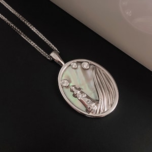 Rainbow Mother of Pearl necklace, Sterling Silver Necklace, Lighthouse pendant gemstone necklace, Mother of Pearl with Diamond Simulants