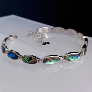 Abalone Shell Solid Sterling Silver Bracelet, Link Bracelet, Opal Jewellery, Rectangle Bracelet, Anniversary, Birthday Gift