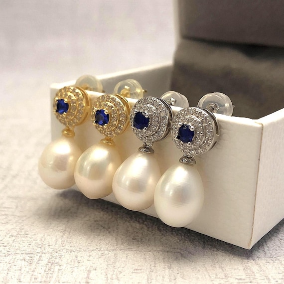 Blue Sapphire and Pearl Earrings, Sterling Silver Gemstone