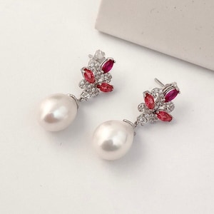 Cultured Freshwater Pearl and Ruby Earrings, Sterling Silver Earrings, Cultured Pearl Earrings, Gold Pearl Earrings, June Birthstone