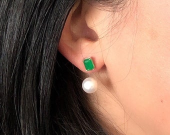 Detachable Green Emerald and Freshwater Pearl Earrings, Emerald Earrings, Silver Earrings, May Birthstone, Emerald jewelry.