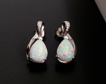 RACHEL Fire Opal Earrings, October Birthstone Earrings, Sterling Silver Earrings, White Opal Cabochon, Opal Jewelry, Designer earrings, Gift