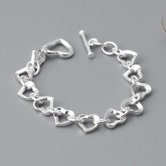 Sterling Silver Heart Link Bracelet, Chunky Bangle - Etsy