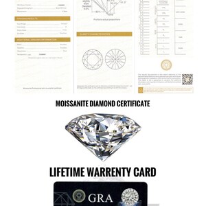 May include: A white and gold moissanite diamond certificate with a detailed diagram of the diamond and a grading report. The certificate includes a lifetime warranty card with the GRA logo and the warranty ID: GRA 218969697.