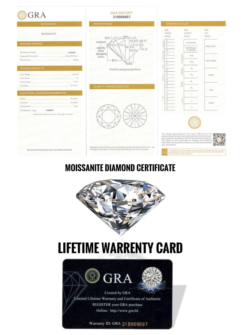 May include: A white and gold moissanite diamond certificate with a detailed diagram of the diamond and a grading report. The certificate includes a lifetime warranty card with the GRA logo and the warranty ID: GRA 218969697.