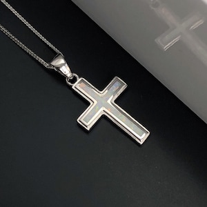Sterling silver fire opal Cross necklace, October birthstone pendant, silver cross pendant, white opal cabochon, sterling silver jewelry