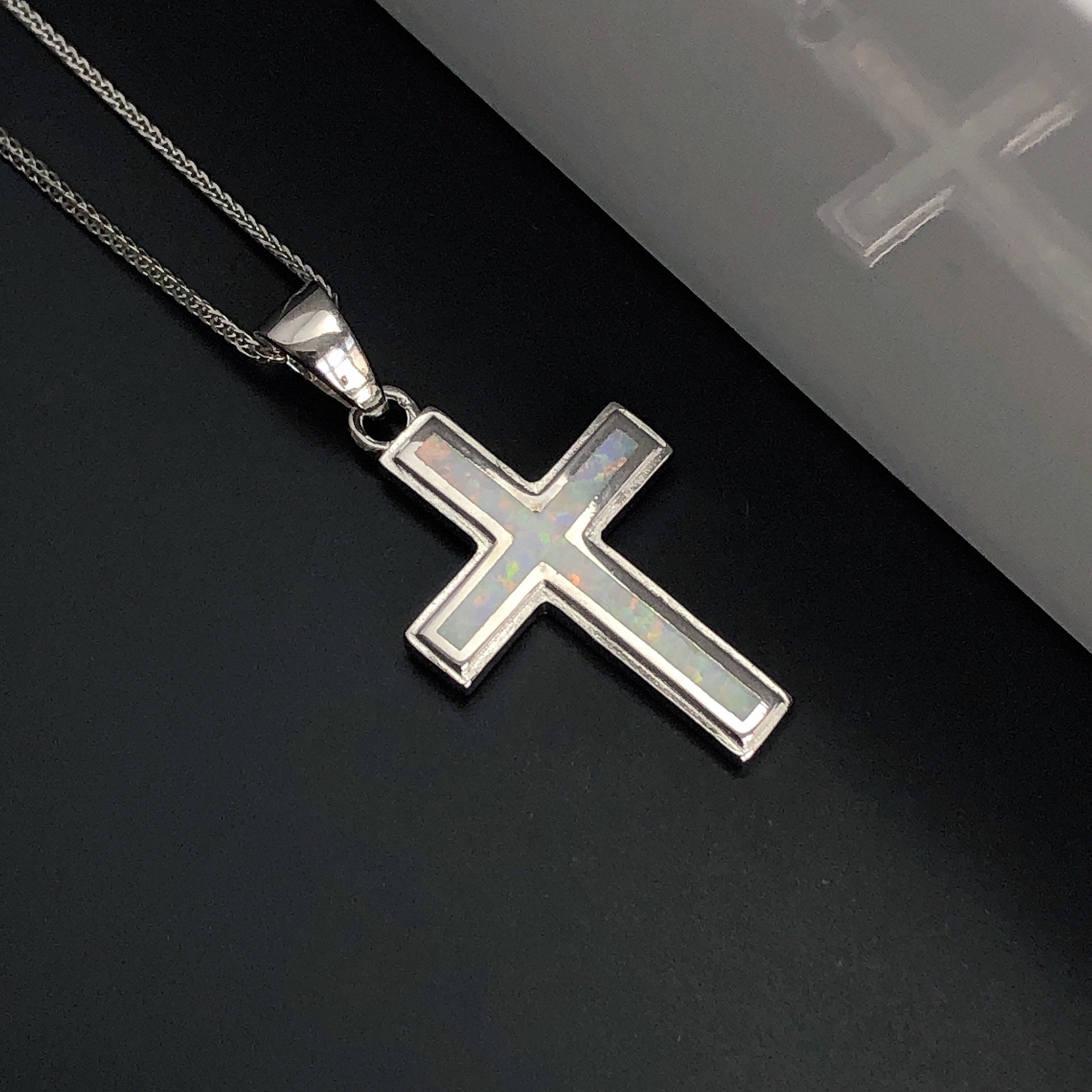 Sterling Silver Fire Opal Cross Necklace, October Birthstone
