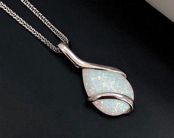 ARIA Fire Opal Necklace, October Birthstone Pendant, Silver Gemstone Pendant, White Opal Cabochon, Natural Opal Jewellery, Opal Gift