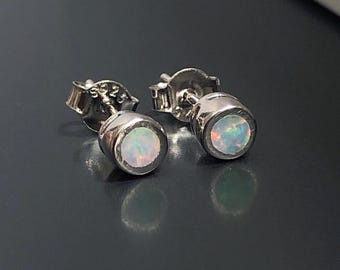 4mm Tiny Fire Opal Sterling Silver Earrings, Mini stud Earrings, October Birthstone earrings, Simple Opal earrings, Fire Opal piercing studs
